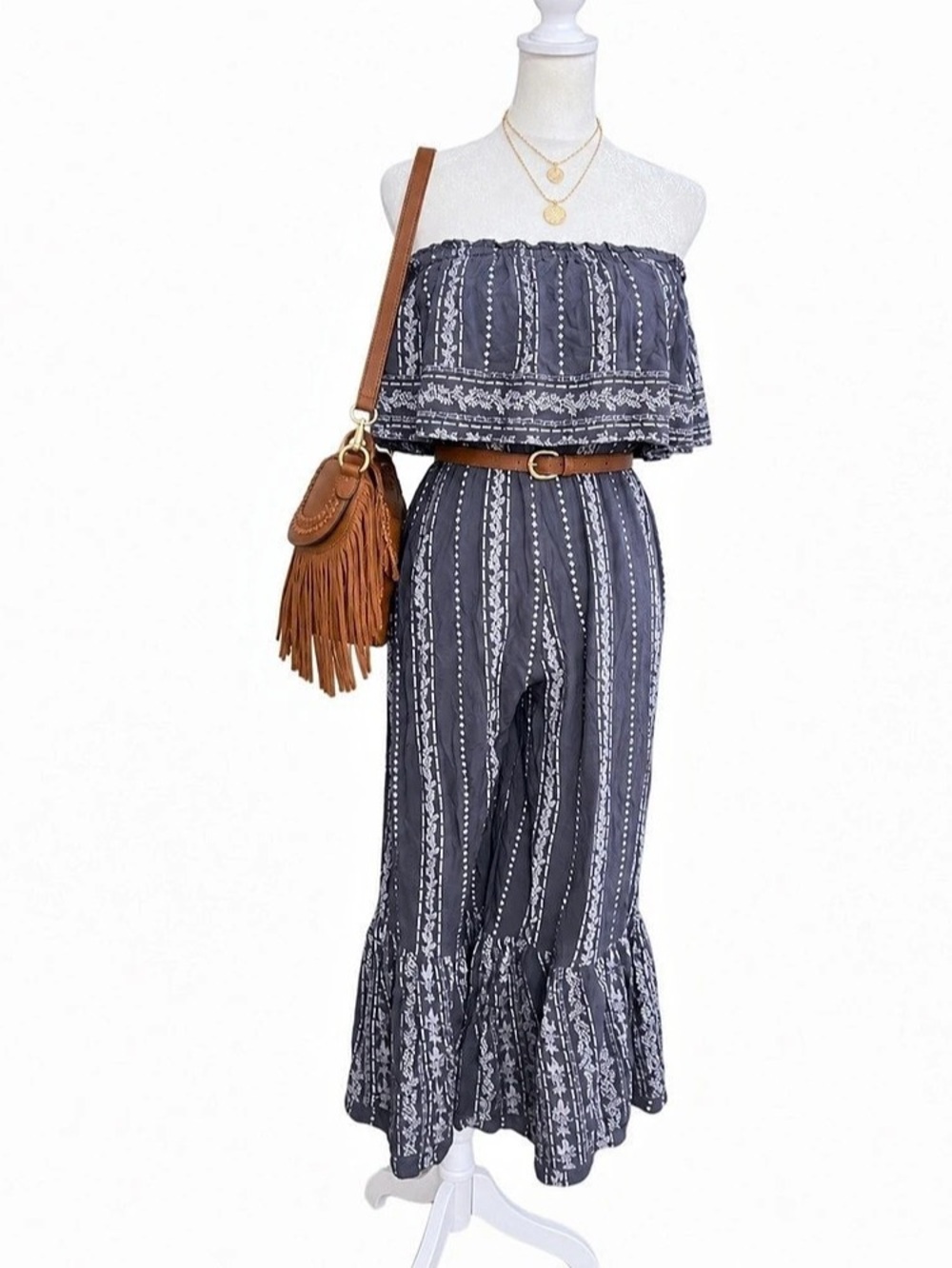 Japna Size L Boho Strapless Ruffle Wide Leg Jumpsuit 100% Rayon